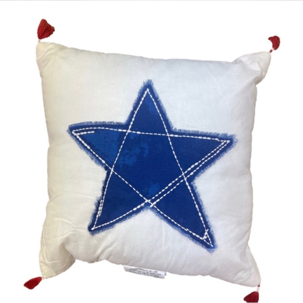 Threshold Blue Star Pillow with Red Tassels on Corners Size 18x18 NWT